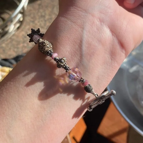 Vintage Silver and Pink Beaded Bracelet with Toggle Clasp - Picture 5 of 9